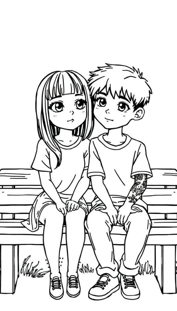 Een zwart-witte kleurplaat in anime-stijl van een jongen met tattoos op zijn linkerarm en een meisje met curtain bangs die samen op een bankje zitten.