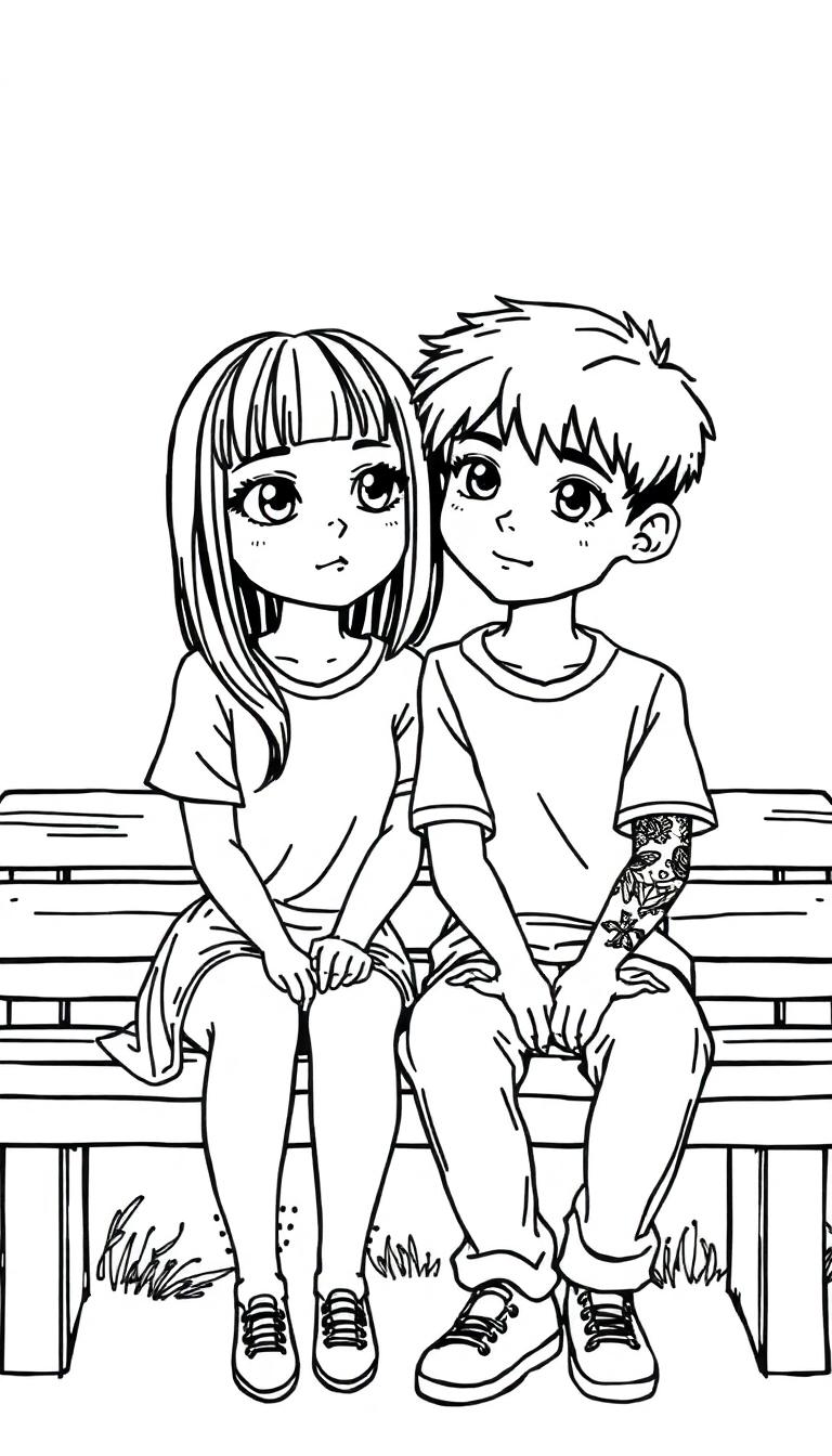 Een zwart-witte kleurplaat in anime-stijl van een jongen met tattoos op zijn linkerarm en een meisje met curtain bangs die samen op een bankje zitten.
