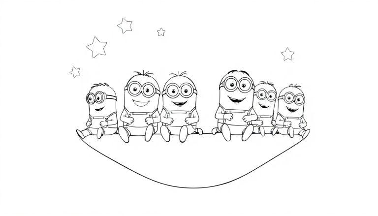 Kleurplaat met zes vrolijke Minions op een touw onder de maan en sterren.