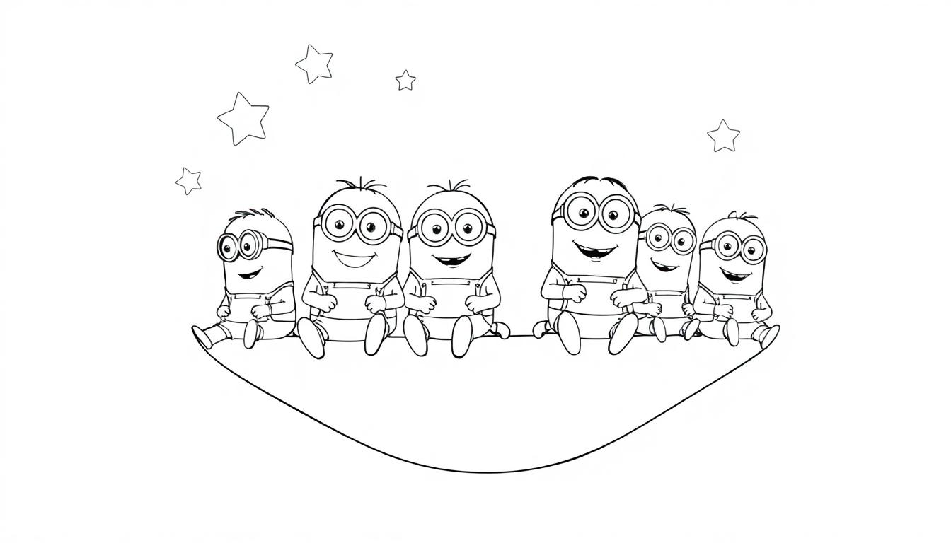 Kleurplaat met zes vrolijke Minions op een touw onder de maan en sterren.