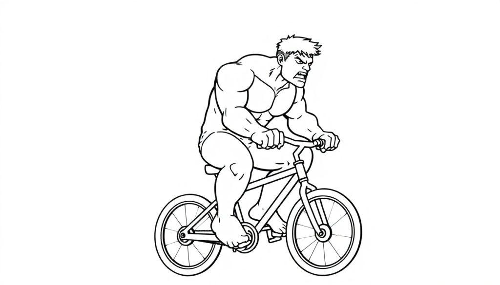 Zwart-witte kleurplaat van een grote superheld op een kleine fiets.