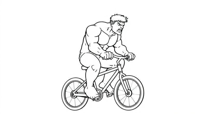 Zwart-witte kleurplaat van een grote superheld op een kleine fiets.