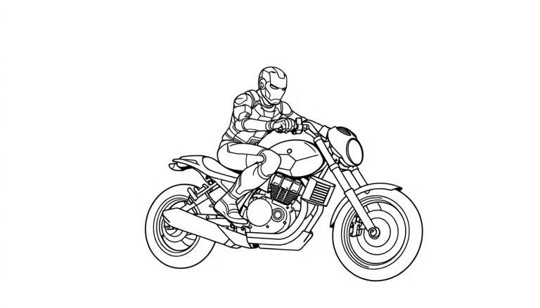 Kleurplaat van een futuristische motorfiets met bestuurder in een stoere helm.