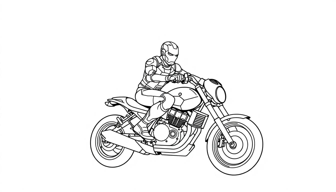 Kleurplaat van een futuristische motorfiets met bestuurder in een stoere helm.