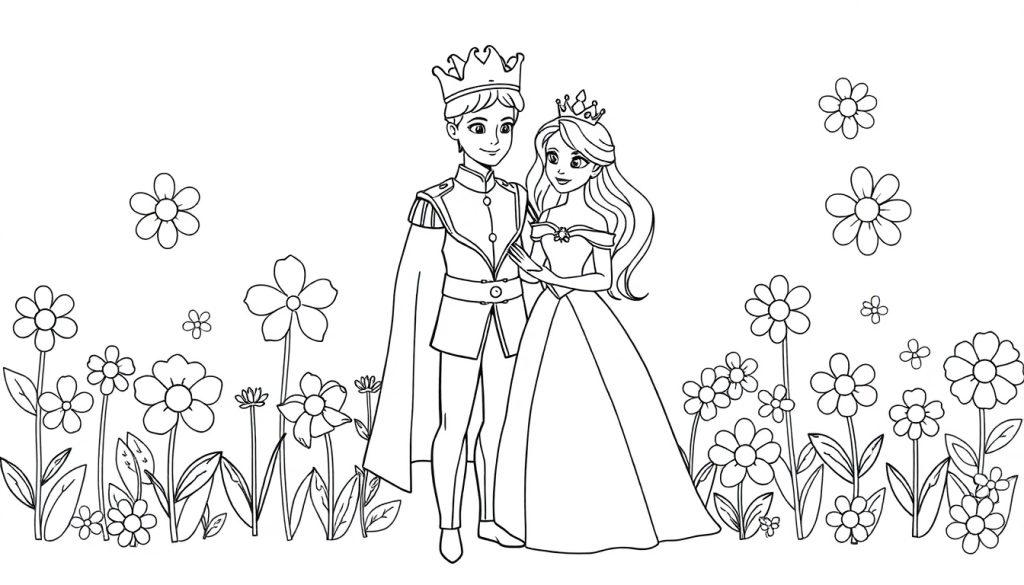 Kleurplaat van een prins en prinses omringd door bloemen, in een romantische setting.