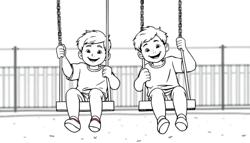Kleurplaat van twee jongens op schommels in een speeltuin.