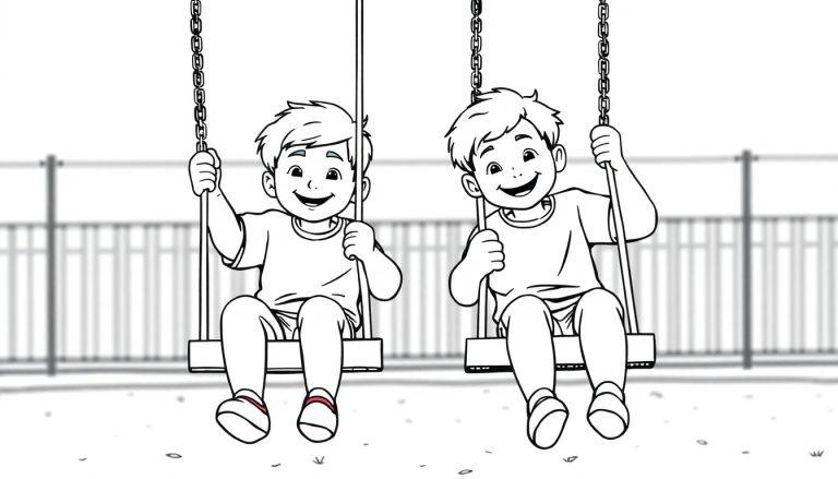 Kleurplaat van twee jongens op schommels in een speeltuin.
