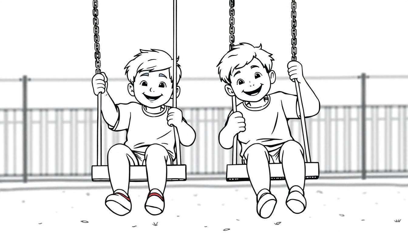 Kleurplaat van twee jongens op schommels in een speeltuin.