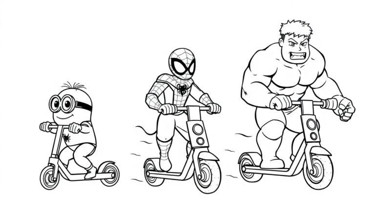 Kleurplaat van een minion, spider-man en de Hulk die samen op stepjes rijden.