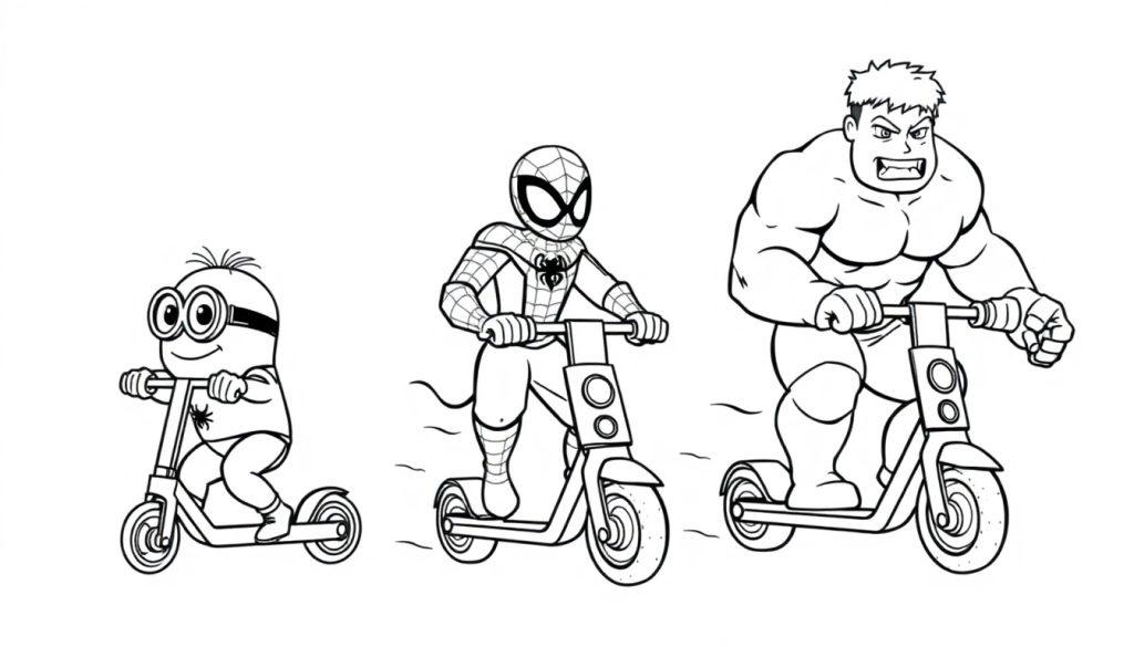 Kleurplaat van een grappige tekening waarin een minion, een Hulk en een Spiderman op elektrische stepjes rijden.