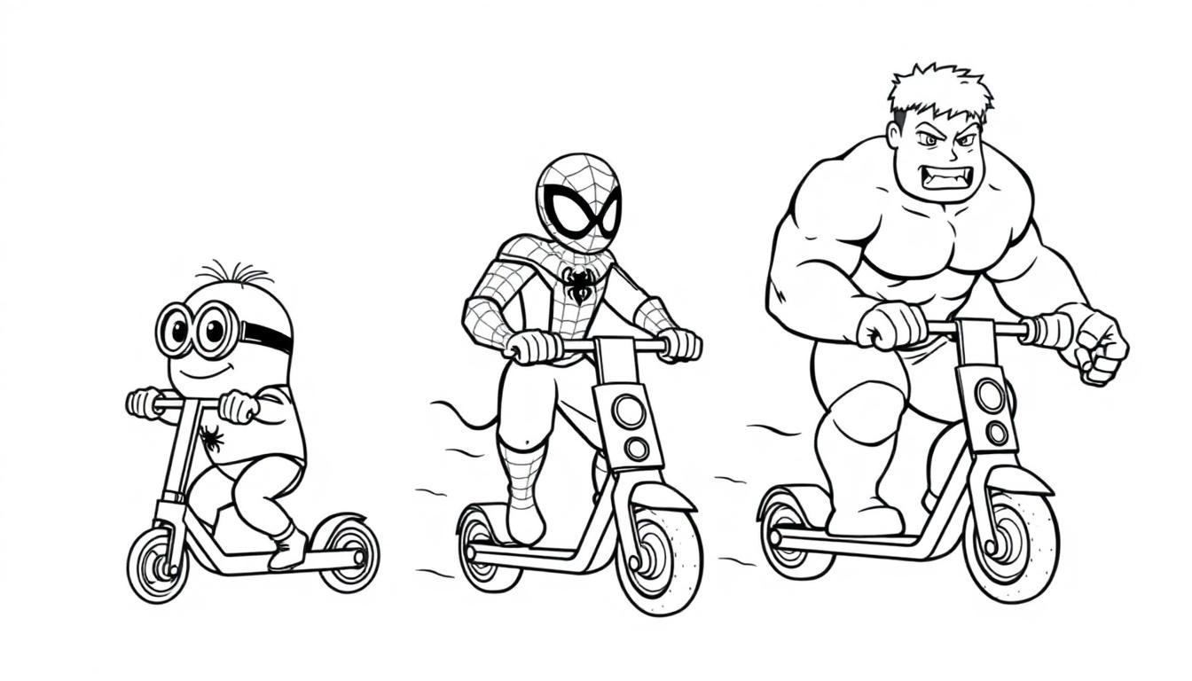 Kleurplaat van een grappige tekening waarin een minion, een Hulk en een Spiderman op elektrische stepjes rijden.