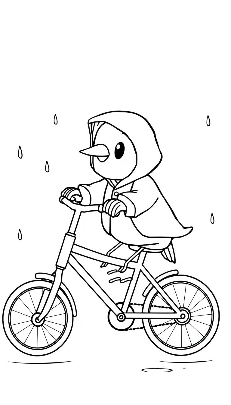 Kleurplaat van een vogel in een regenjas op een fiets met regendruppels om zich heen.