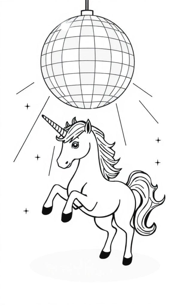 Een eenhoorn die danst onder een discobal met sterren op de achtergrond, perfect als kleurplaat.