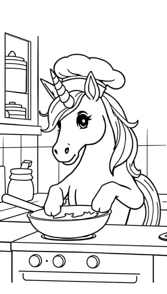 Kleurplaat van een vrolijke eenhoorn met een koksmuts, druk aan het koken in de keuken, omringd door keukenspullen.