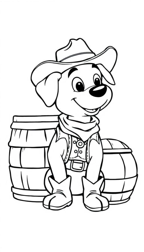 Kleurplaat van een vrolijke cartoonhond in cowboykostuum met hoed, sjaal, gilet, riem en laarzen. Op de achtergrond staan houten vaten.