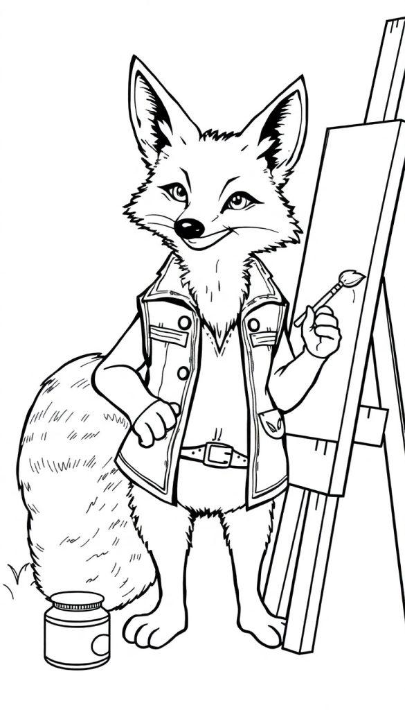 Kleurplaat van een vrolijke vos met een lederen vest, die aan het schilderen is bij een schildersdoek.
