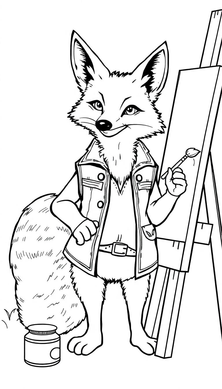 Kleurplaat van een vrolijke vos met een lederen vest, die aan het schilderen is bij een schildersdoek.