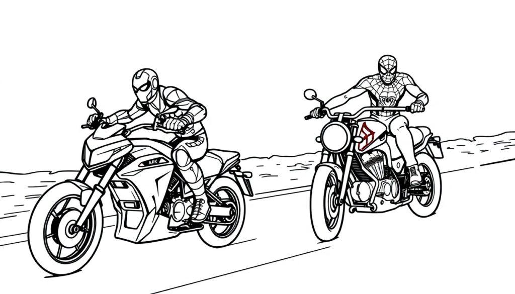 Kleurplaat van Iron Man en Spiderman op motorfietsen.
