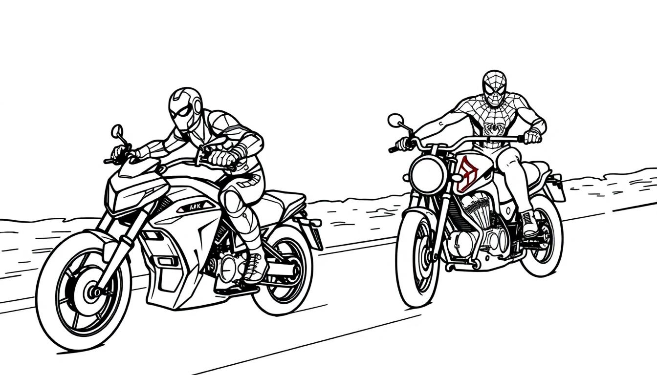 Kleurplaat van Iron Man en Spiderman op motorfietsen.