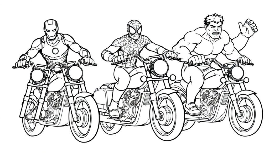 Kleurplaat van Iron Man, Spiderman en Hulk op motorfietsen