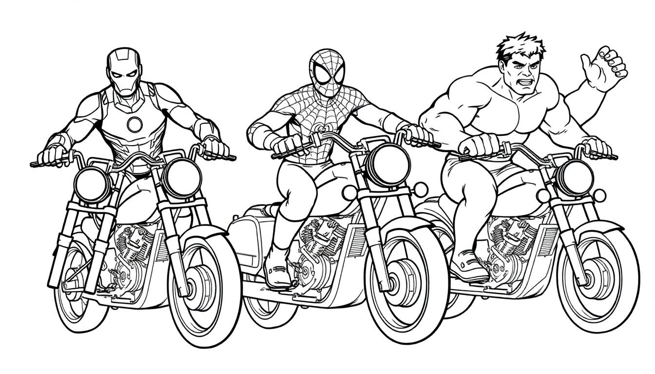 Kleurplaat van Iron Man, Spiderman en Hulk op motorfietsen