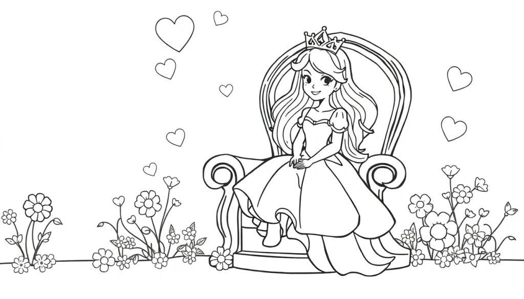 Kleurplaat van een lachende prinses op een versierde stoel met bloemen en hartjes.