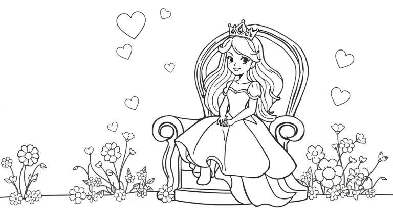 Kleurplaat van een lachende prinses op een versierde stoel met bloemen en hartjes.