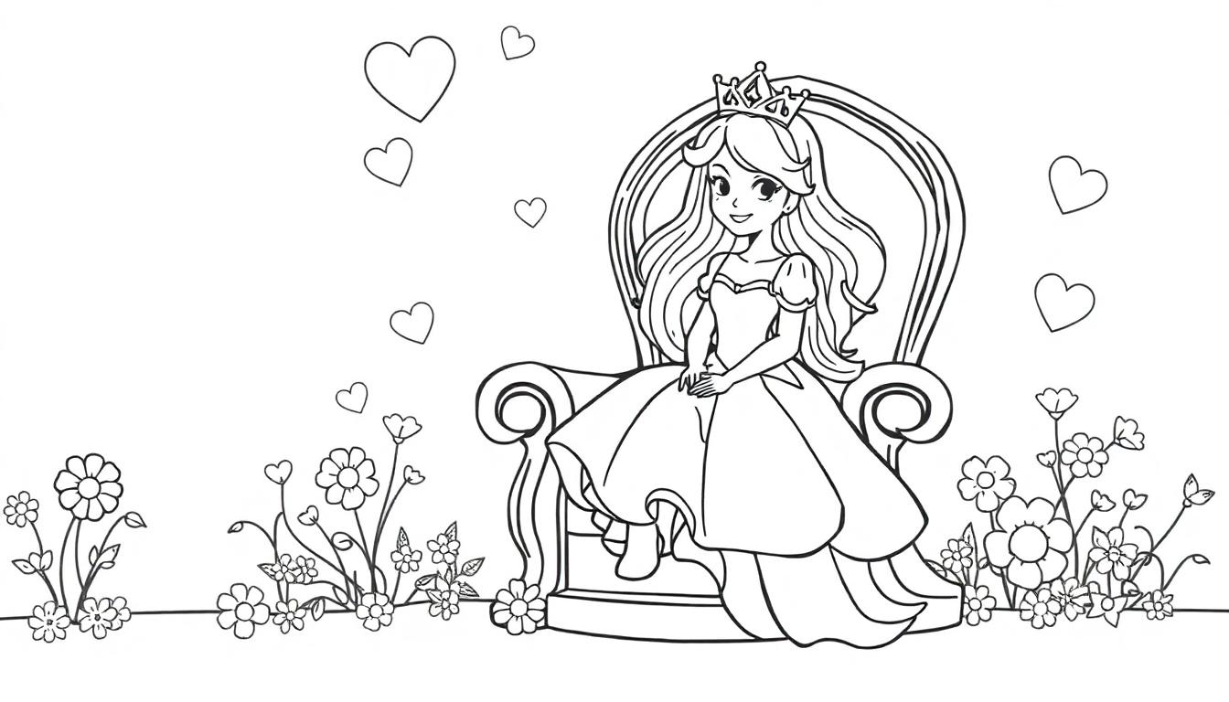Kleurplaat van een lachende prinses op een versierde stoel met bloemen en hartjes.