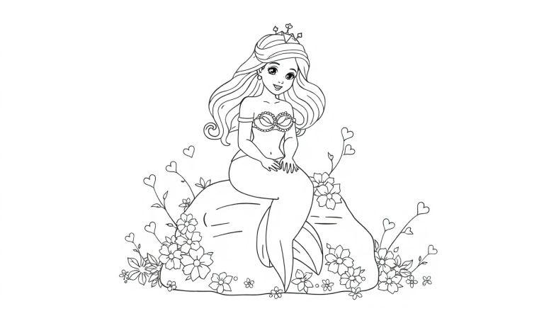 Een zwart-wit kleurplaat van een zeemeermin prinses met lang haar, een kroon, een schelptop en een sierlijke staart, omringd door bloemen en takjes met hartvormige bladeren.