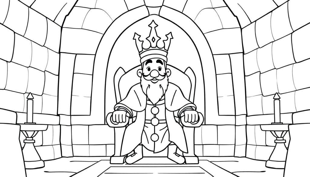 Kleurplaat van een koning met een kroon op een troon in zijn kasteel, omringd door kaarsen en stenen muren.