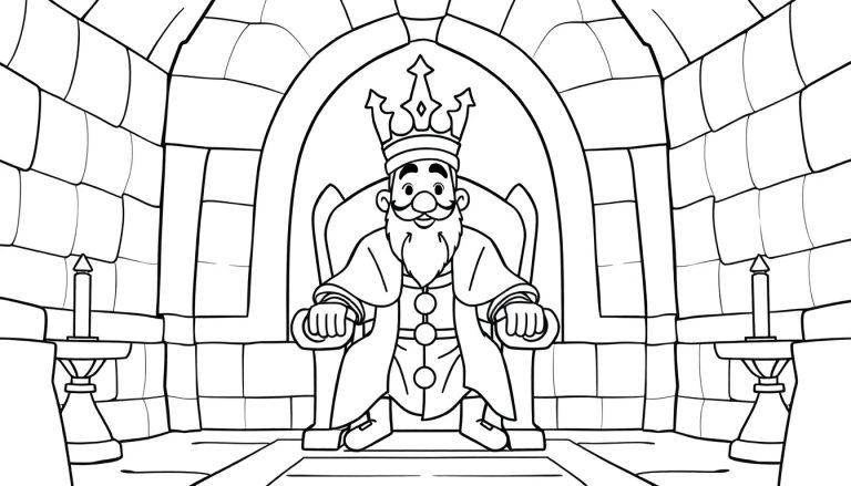 Kleurplaat van een koning met een kroon op een troon in zijn kasteel, omringd door kaarsen en stenen muren.