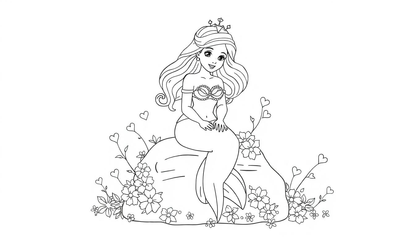 Kleurplaat van een zeemeermin prinses met bloemen en hartjes.