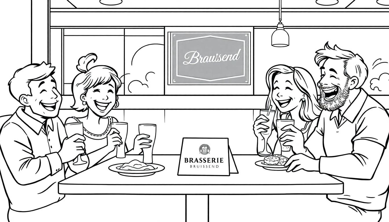 Kleurplaat van een lachend gezin in een restaurant genaamd Brasserie Bruissend.