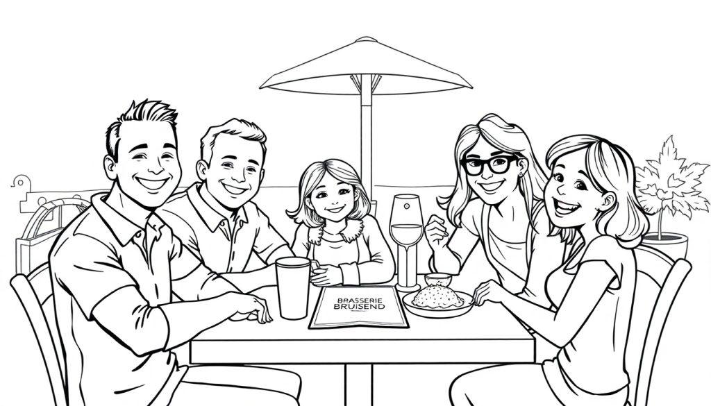 Kleurplaat van een vrolijk gezin dat uit eten is in Brasserie Bruisend.