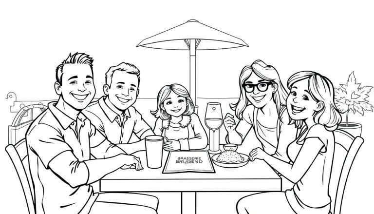 Kleurplaat van een vrolijk gezin dat uit eten is in Brasserie Bruisend.