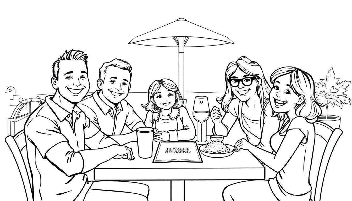 Kleurplaat van een vrolijk gezin dat uit eten is in Brasserie Bruisend.