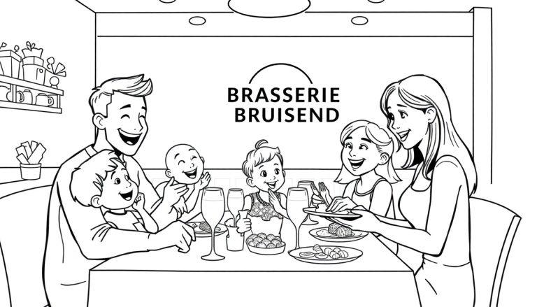 Kleurplaat van een gezin dat lachend en gezellig samen eet in een restaurant genaamd Brasserie Bruisend.
