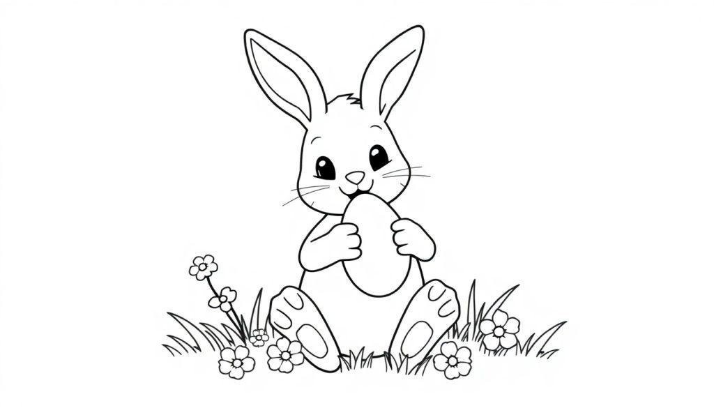 Een schattige kleurplaat van een konijntje met grote oren, zittend tussen bloemen en gras, terwijl het een paas-ei vasthoudt.