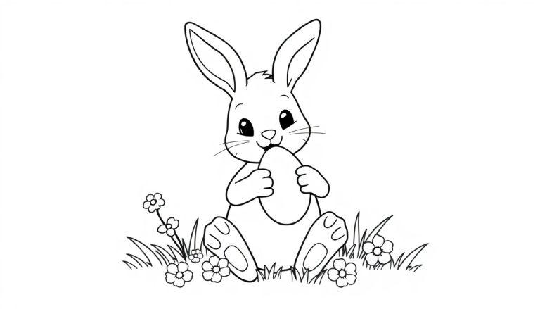 Een schattige kleurplaat van een konijntje met grote oren, zittend tussen bloemen en gras, terwijl het een paas-ei vasthoudt.