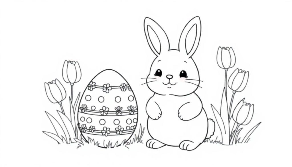 Een schattig kleurplaat van een vrolijk konijn met een versierd paasei omringd door tulpen en gras.