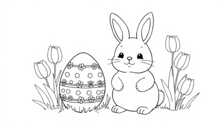 Een schattig kleurplaat van een vrolijk konijn met een versierd paasei omringd door tulpen en gras.
