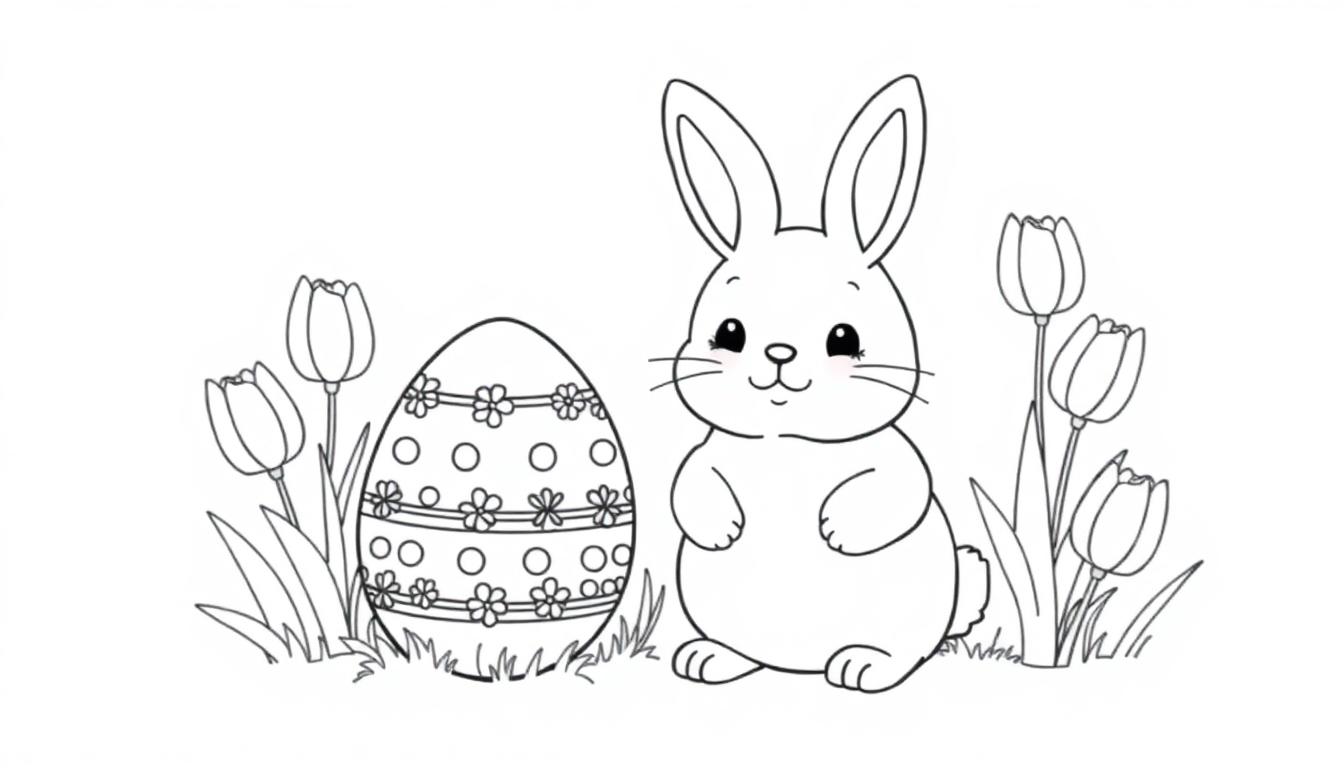 Een schattig kleurplaat van een vrolijk konijn met een versierd paasei omringd door tulpen en gras.