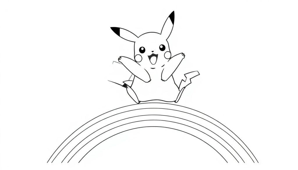 Kleurplaat van lachende Pikachu die op een regenboog zit.