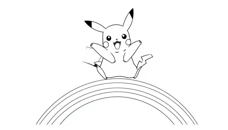 Kleurplaat van lachende Pikachu die op een regenboog zit.