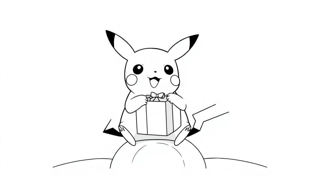 Zwart-witte kleurplaat van jarige Pikachu die op een zon zit met lange oren en een cadeautje.