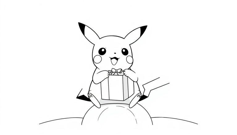 Zwart-witte kleurplaat van jarige Pikachu die op een zon zit met lange oren en een cadeautje.