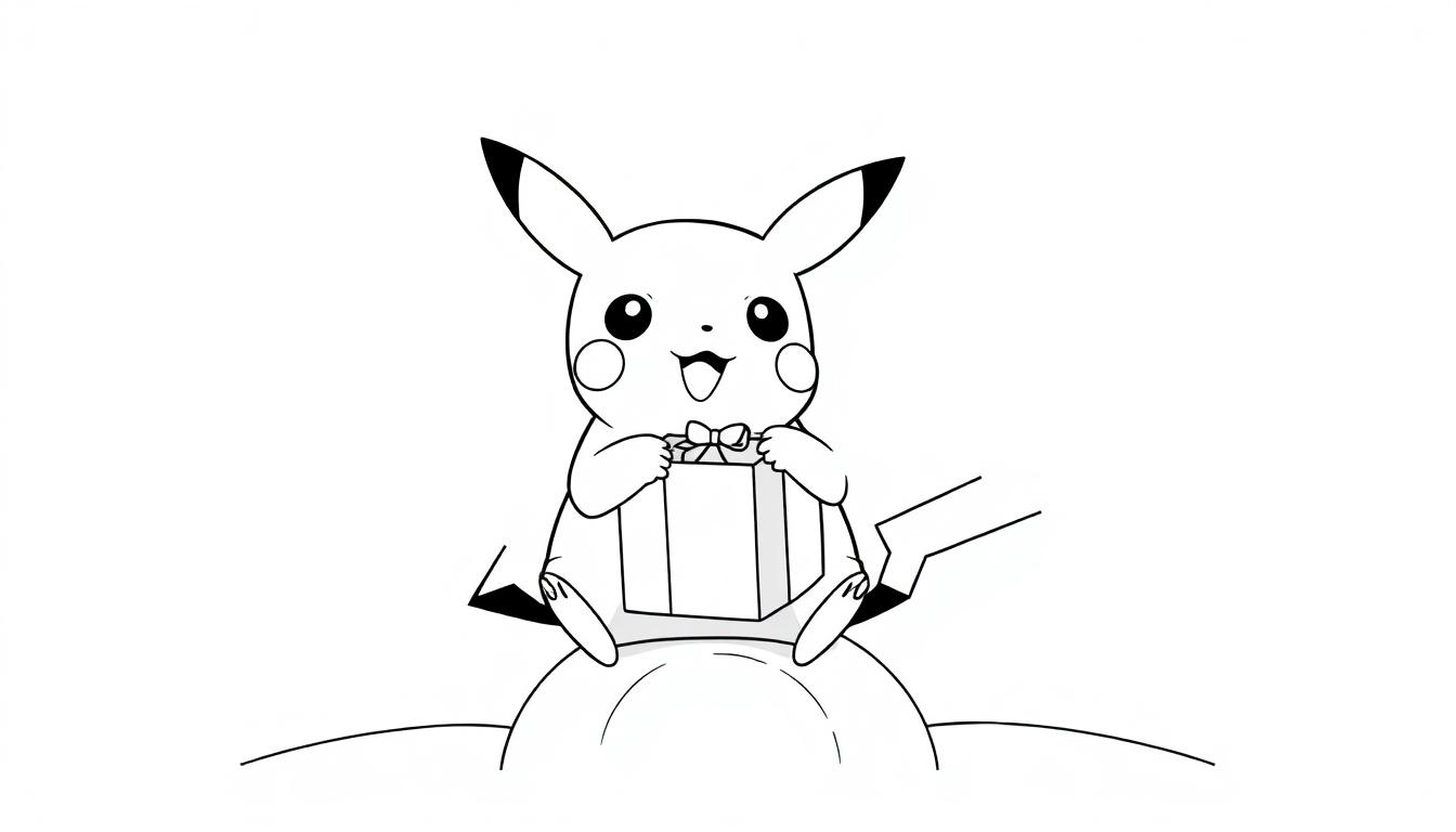 Zwart-witte kleurplaat van jarige Pikachu die op een zon zit met lange oren en een cadeautje.