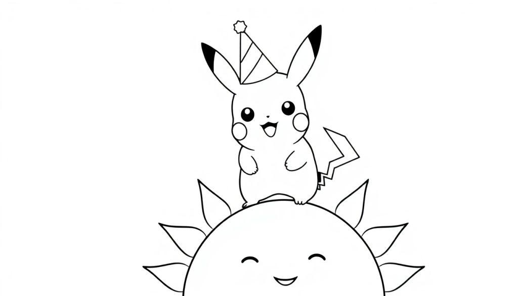 Kleurplaat van een vrolijke Pikachu die jarig is, zittend op een lachende zon met stralen.