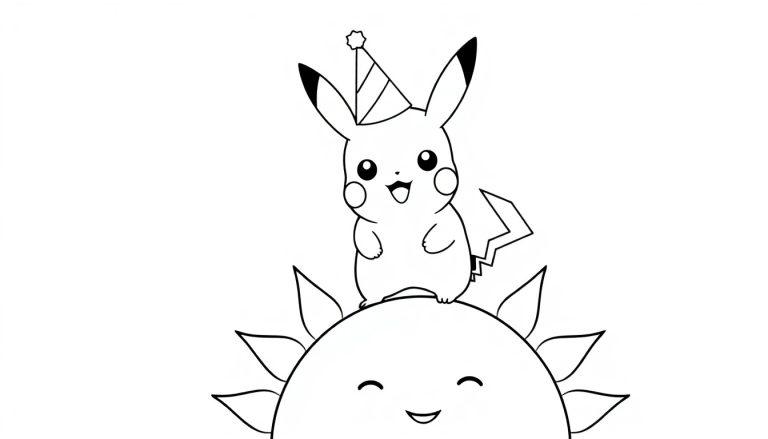 Kleurplaat van een vrolijke Pikachu die jarig is, zittend op een lachende zon met stralen.
