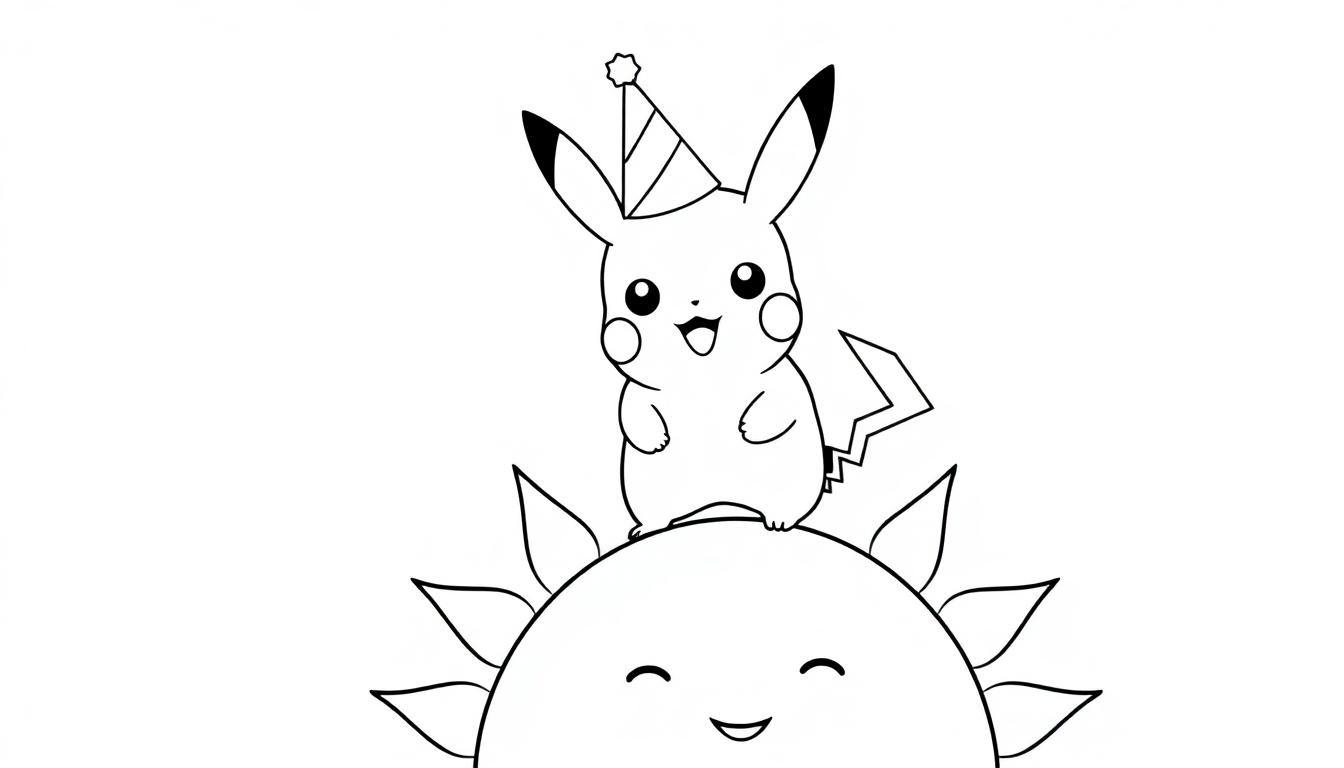 Kleurplaat van een vrolijke Pikachu die jarig is, zittend op een lachende zon met stralen.